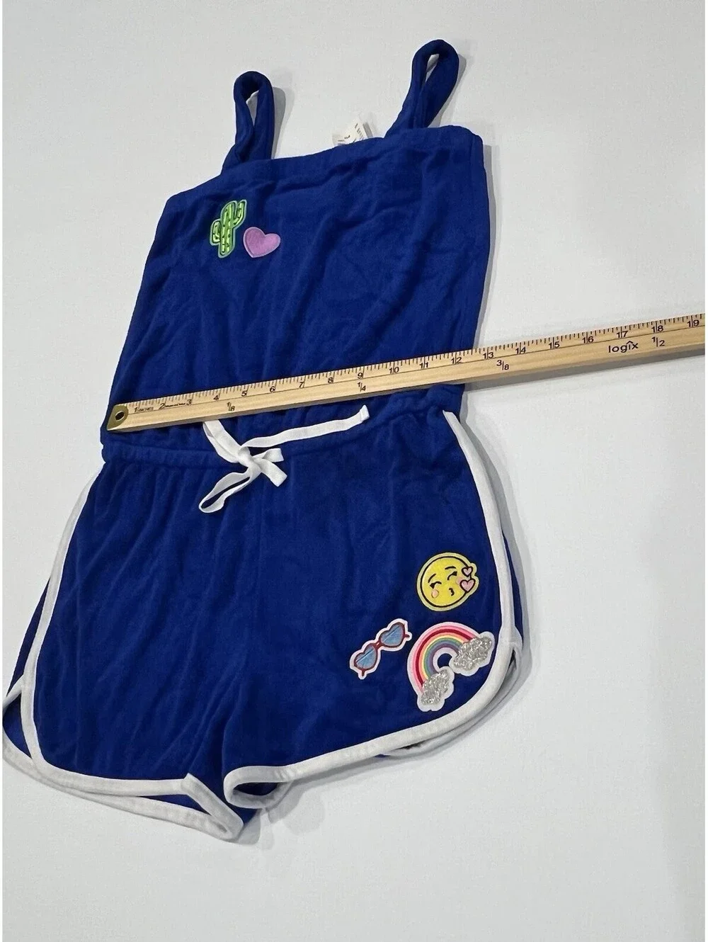 Justice 8/10 Romper Swim Cover Sleeveless Blue Terry Cloth w/ Patches New